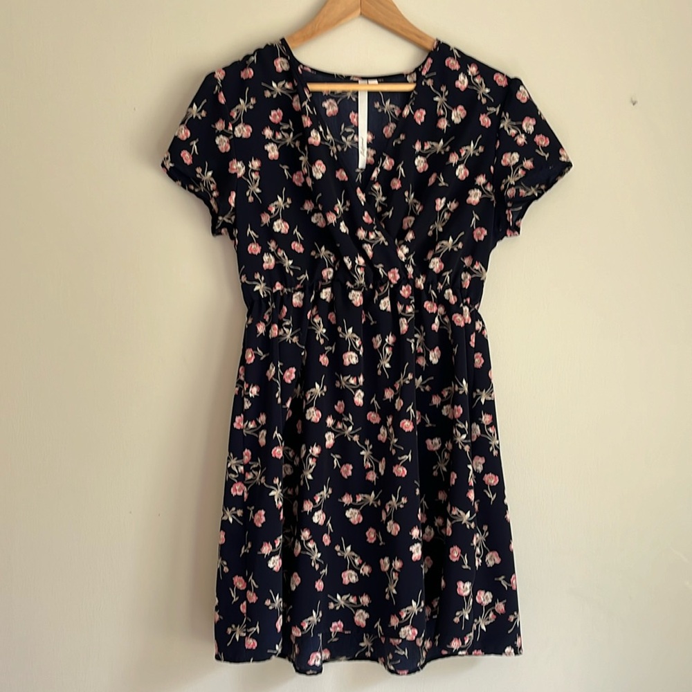 Reformed Spring Floral Midi Dress Navy with Pink Flowers Size L